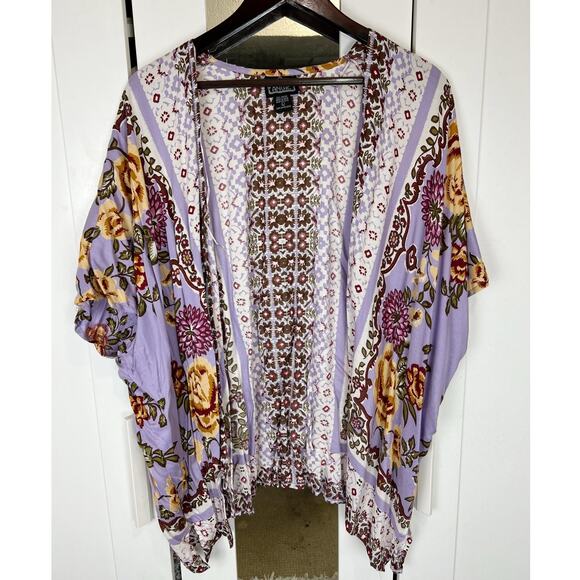 Angie Purple Floral Printed Boho Open Front Draped Kimono Cardigan Size Large - Picture 1 of 7